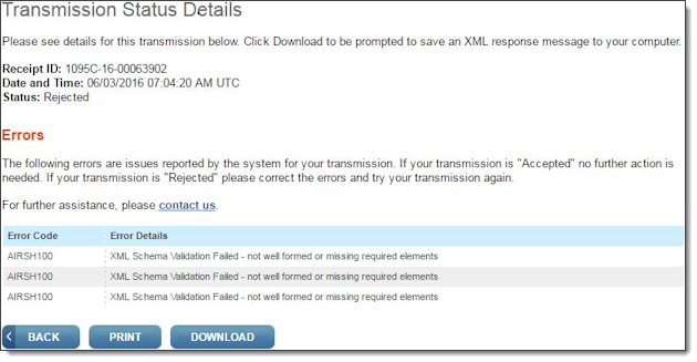 Another example of IRS tranmsision file errors. These errors state "XML Schema Validation Failed - not well formed or missing required elements"