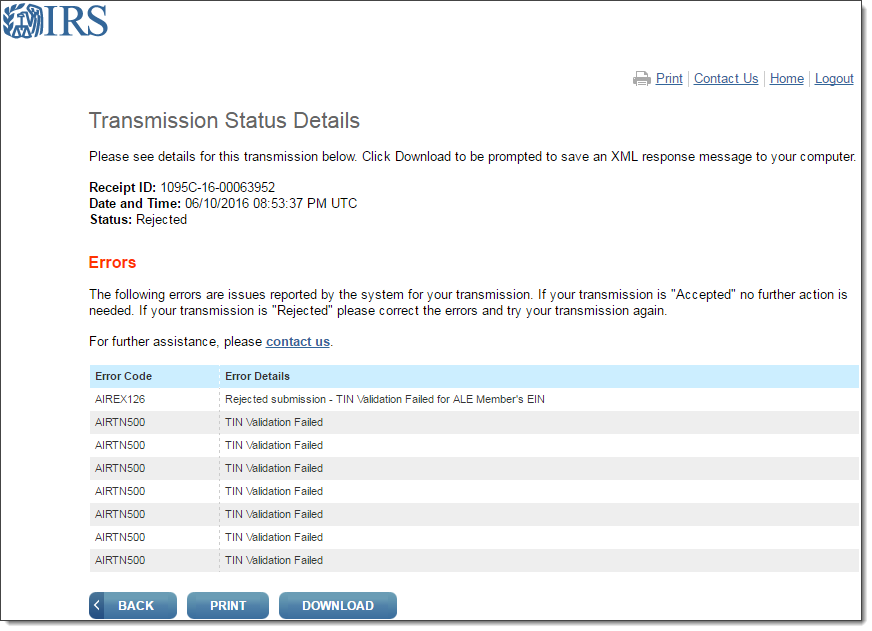 Example of IRS tranmission status page with errors. The errors state "TIN validation failed".