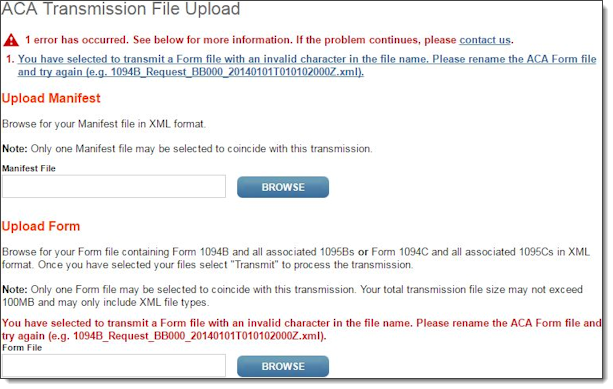 Example error on the IRS transmission file upload page, showing error message about the file name containing an invalid character.