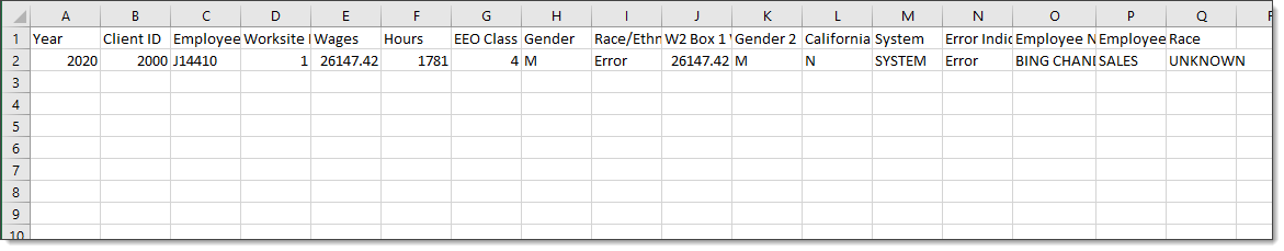 An excel spreadsheet similar to the previous example, except it has only one row. This row features the employee who had the error in the original file.