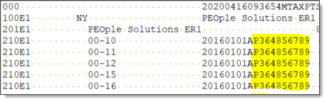 Detail of MasterTax PTS file showing the 000, 100, 201, and 210 records. Positions 45 through 54 are highlighted, indicating common pay parent or child status, and the FEIN of the common pay agent.