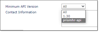 Minimum API version dropdown options: All, 1.30, or prismhr-api