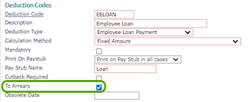 Deduction code with the "to arrears" option selected