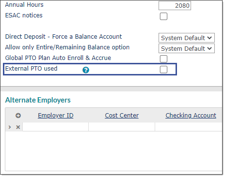 Detail of the Other tab of Employee Details. The "External PTO used" option is highlighted.