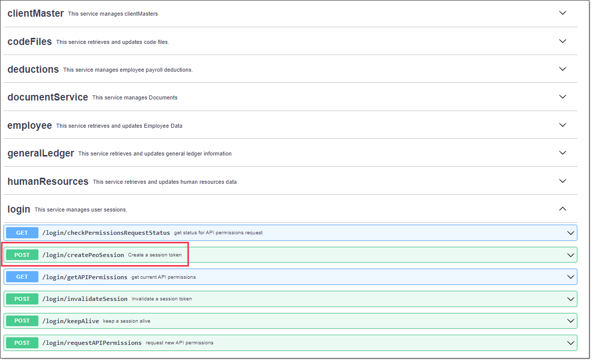 API Swagger interface. The "login" service is expanded, and login/createPeoSession is highlighted.